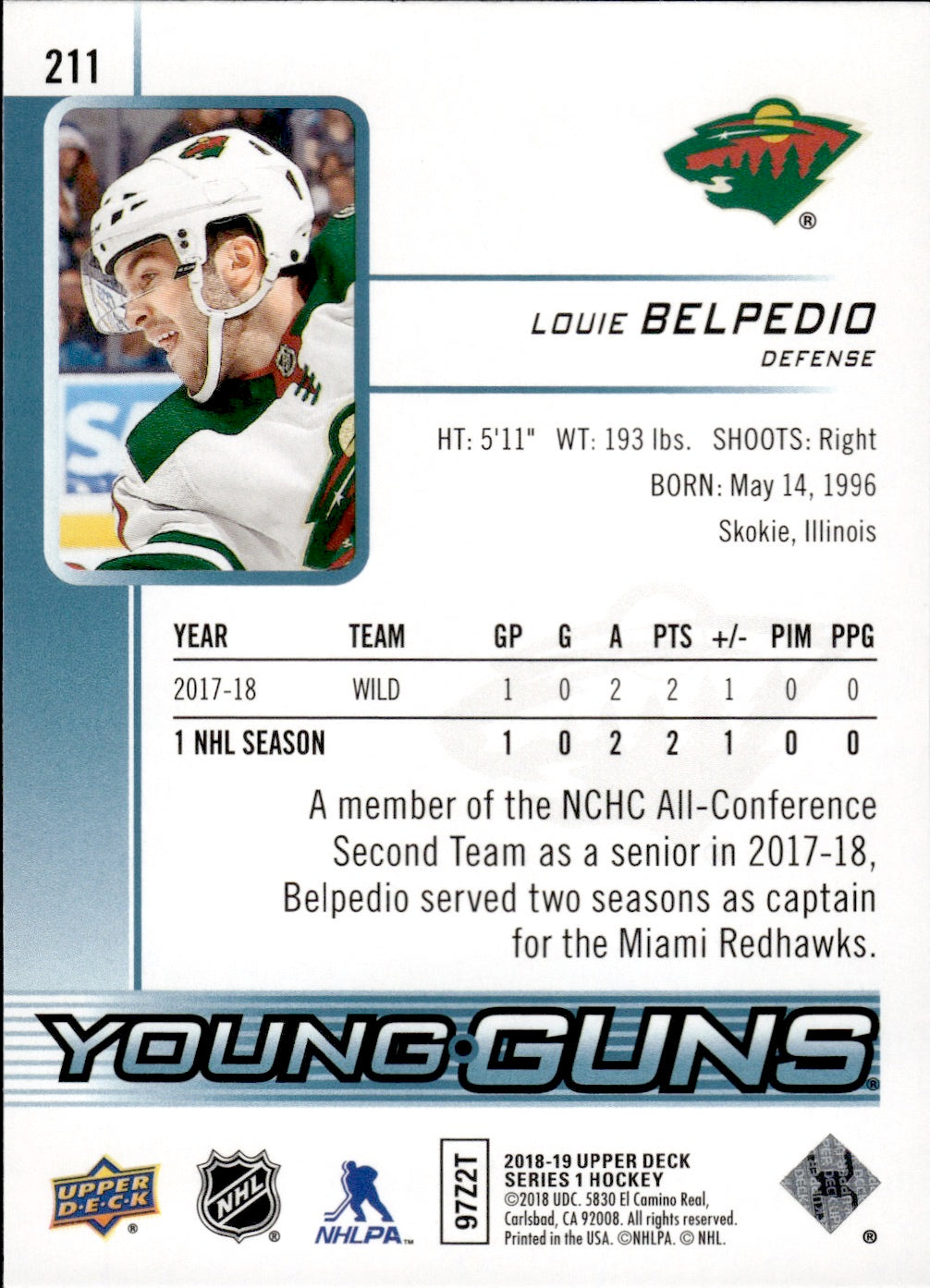 2018-19 Upper Deck Series 1 Hockey - Base - Young Guns #211 Louie Belpedio - Minnesota Wild