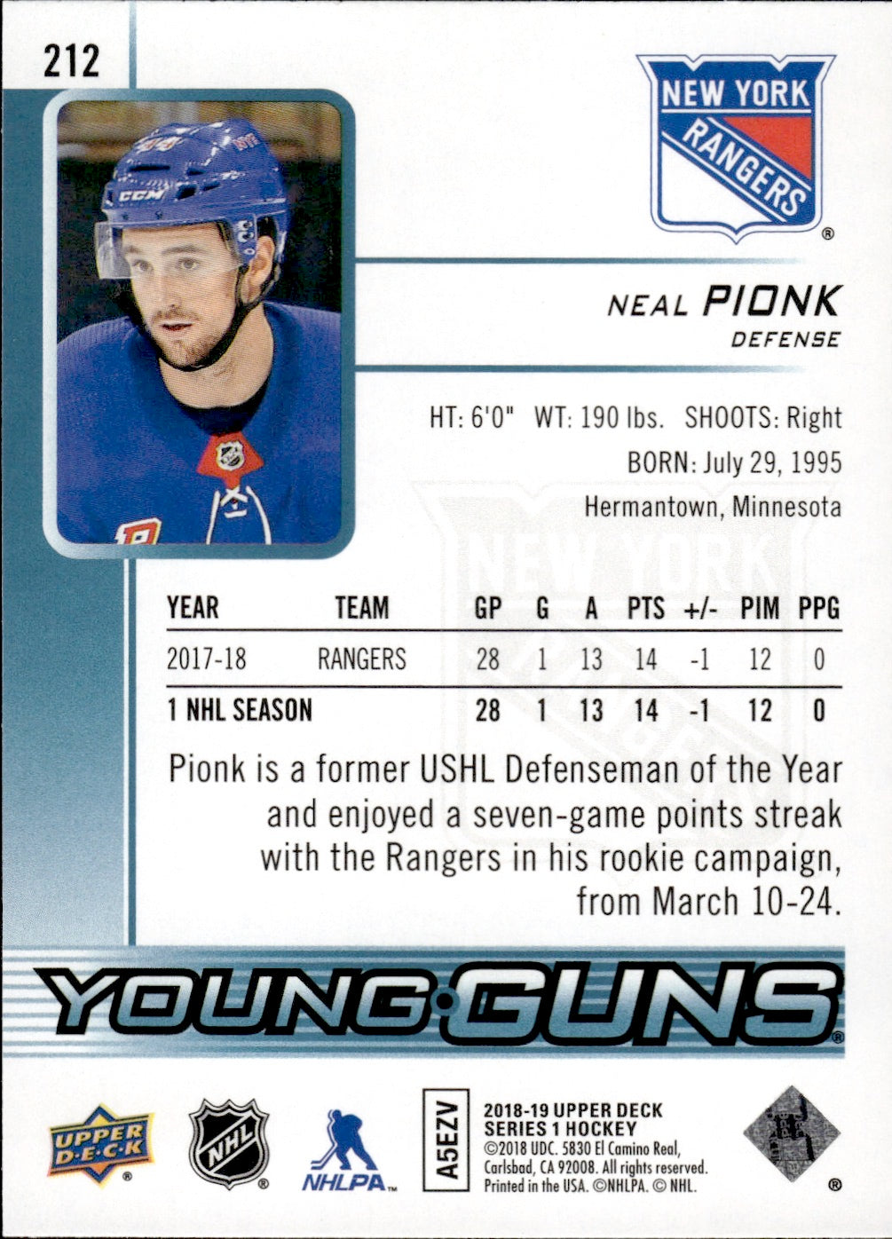 2018-19 Upper Deck Series 1 Hockey - Base - Young Guns #212 Neal Pionk - New York Rangers