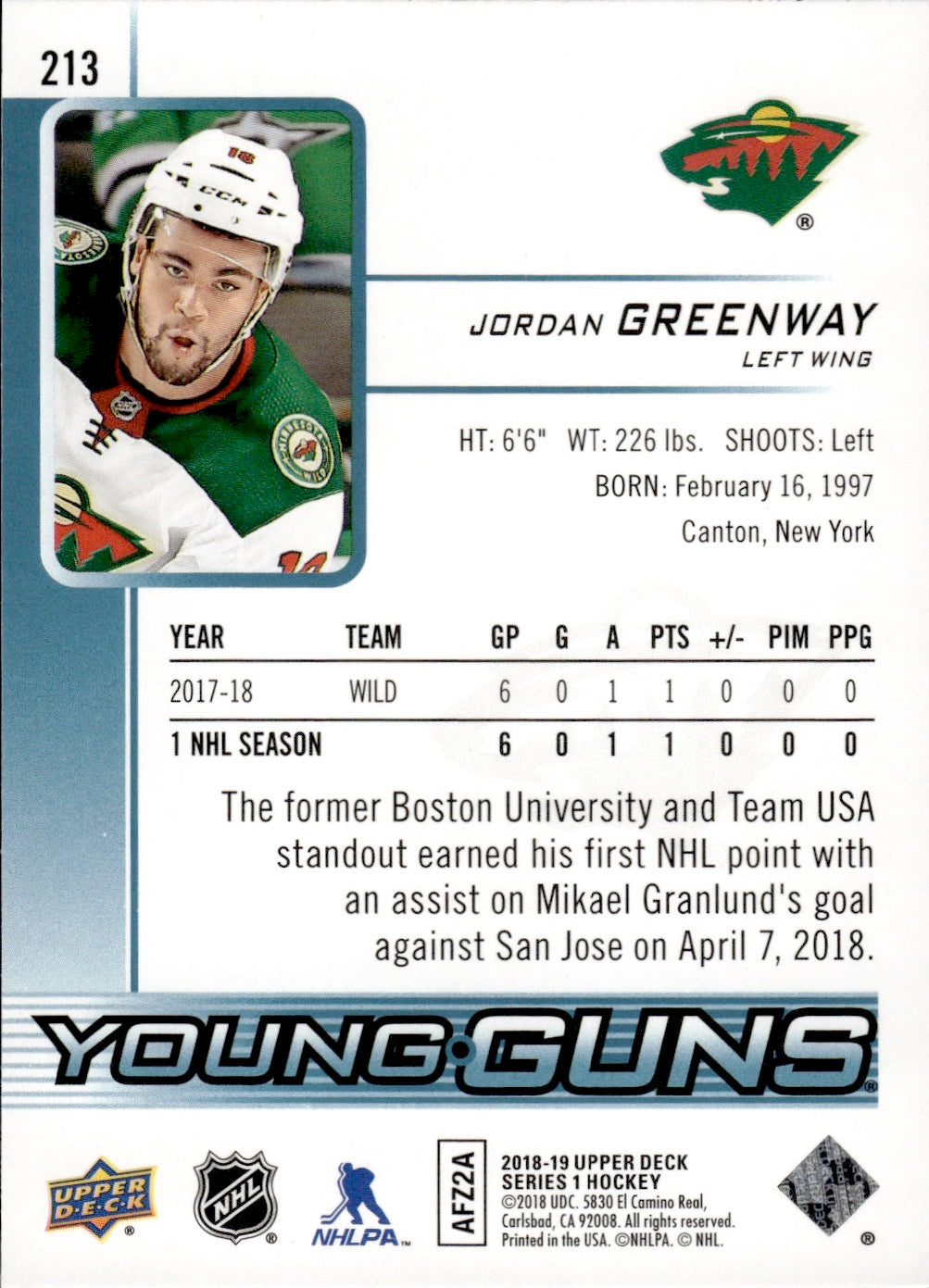2018-19 Upper Deck Series 1 Hockey - Base - Young Guns #213 Jordan Greenway - Minnesota Wild
