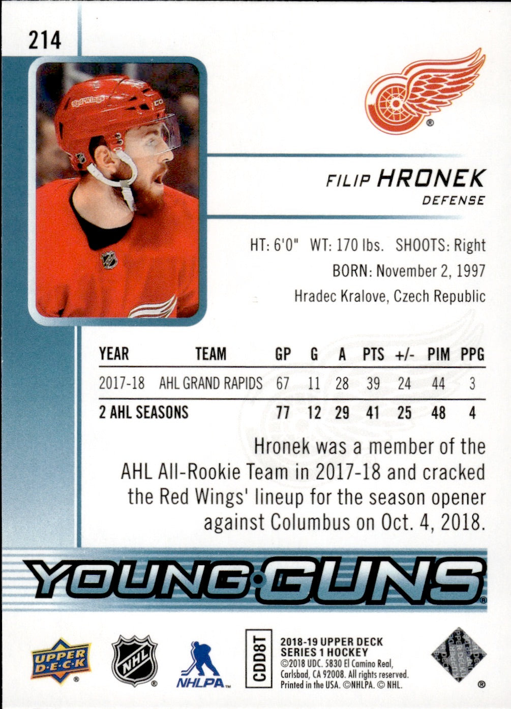 2018-19 Upper Deck Series 1 Hockey - Base - Young Guns #214 Filip Hronek - Detroit Red Wings