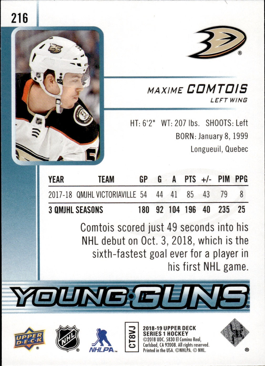 2018-19 Upper Deck Series 1 Hockey - Base - Young Guns #216 Maxime Comtois - Anaheim Ducks