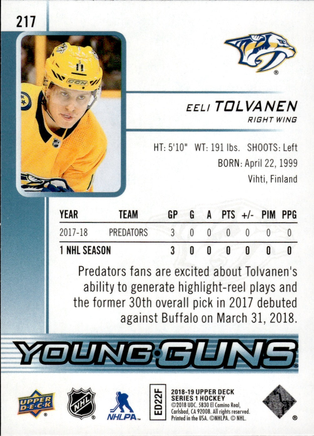 2018-19 Upper Deck Series 1 Hockey - Base - Young Guns #217 Eeli Tolvanen - Nashville Predators
