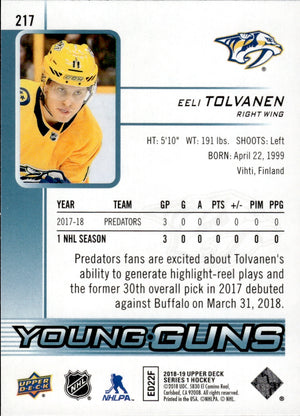 2018-19 Upper Deck Series 1 Hockey - Base - Young Guns #217 Eeli Tolvanen - Nashville Predators