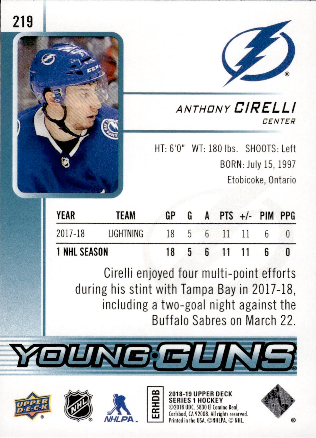 2018-19 Upper Deck Series 1 Hockey - Base - Young Guns #219 Anthony Cirelli - Tampa Bay lightning