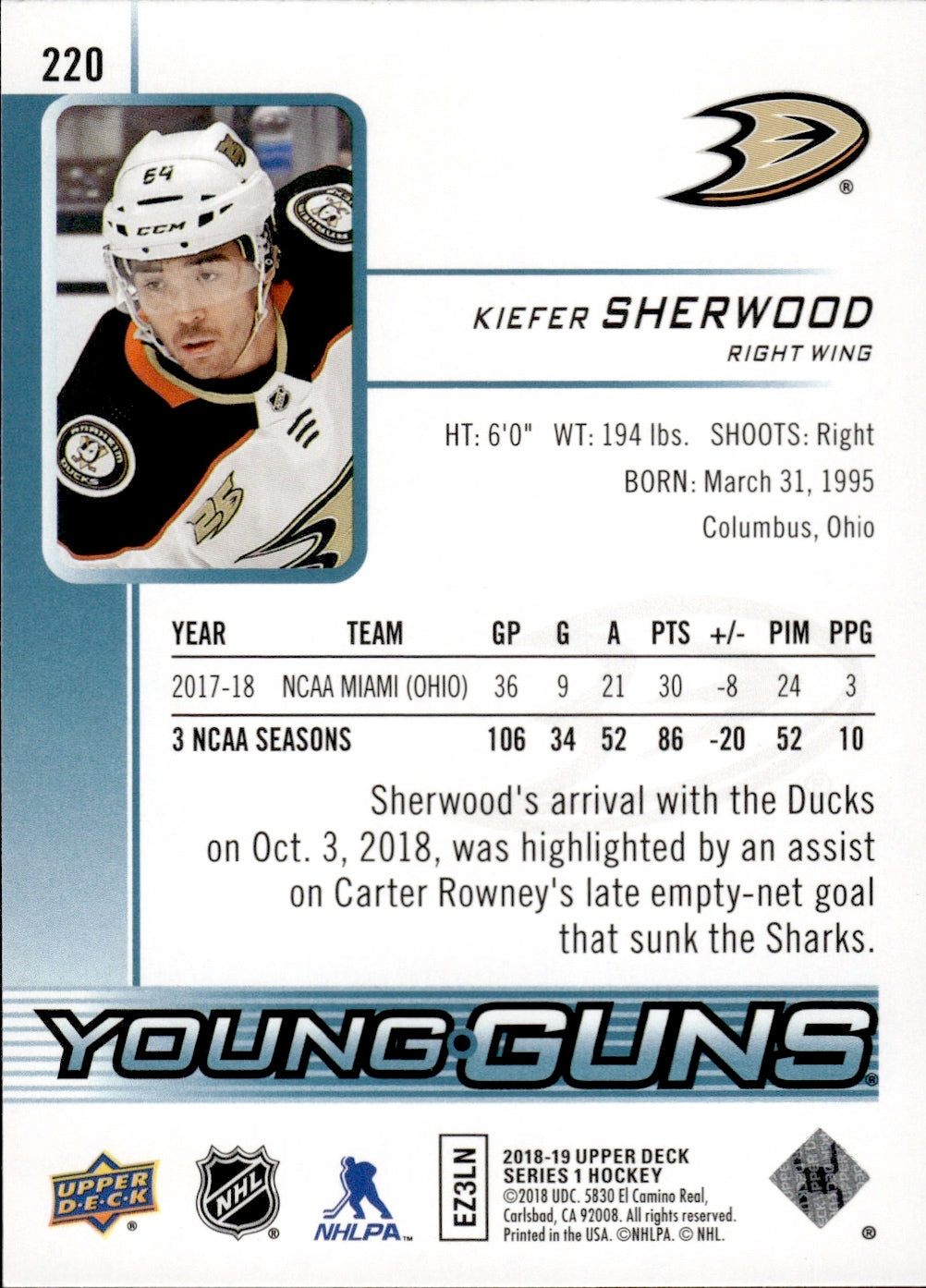 2018-19 Upper Deck Series 1 Hockey - Base - Young Guns #220 Kiefer Sherwood - Anaheim Ducks