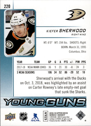 2018-19 Upper Deck Series 1 Hockey - Base - Young Guns #220 Kiefer Sherwood - Anaheim Ducks