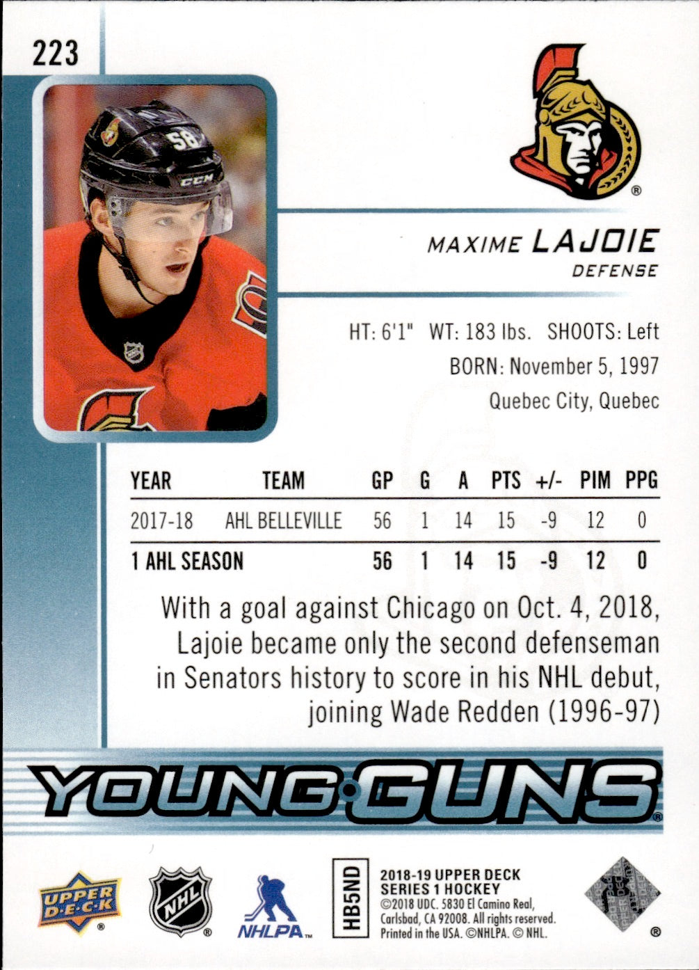 2018-19 Upper Deck Series 1 Hockey - Base - Young Guns #223 Maxime Lajoie - Ottawa Senators
