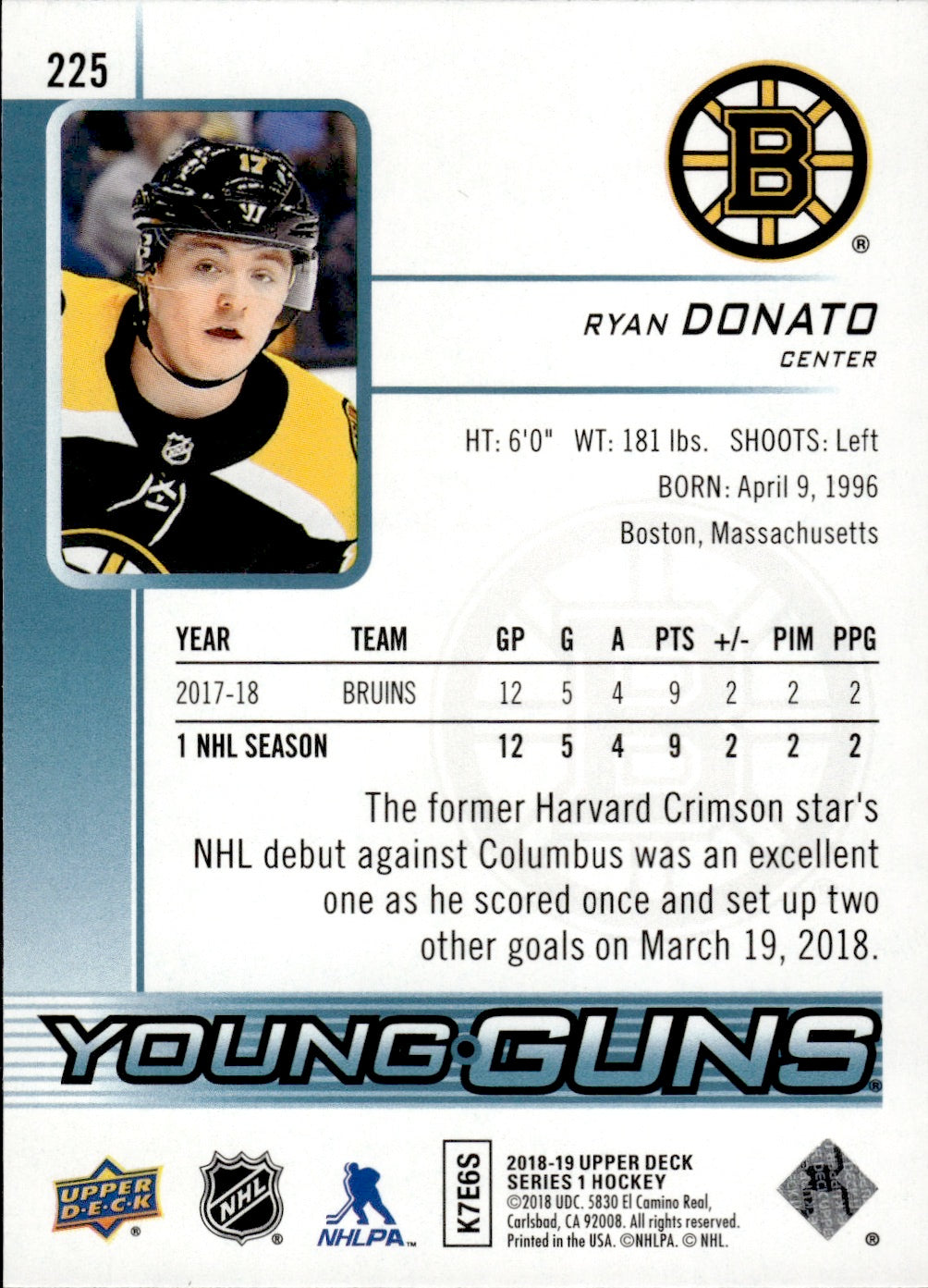 2018-19 Upper Deck Series 1 Hockey - Base - Young Guns #225 Ryan Donato - Boston Bruins
