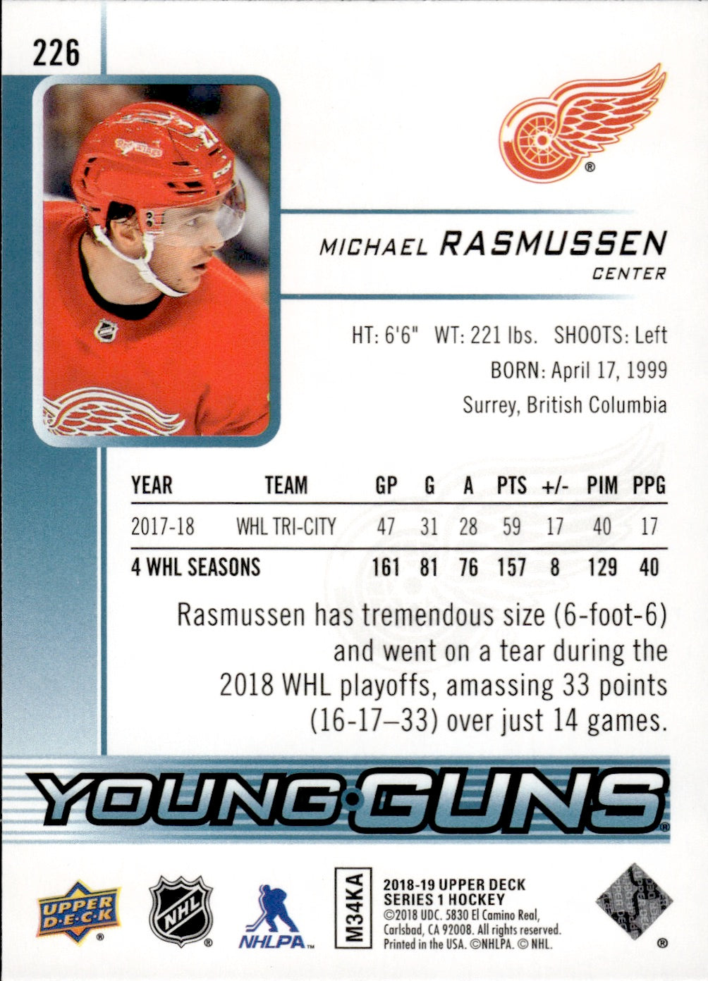 2018-19 Upper Deck Series 1 Hockey - Base - Young Guns #226 Michael Rasmussen - Detroit Red Wings