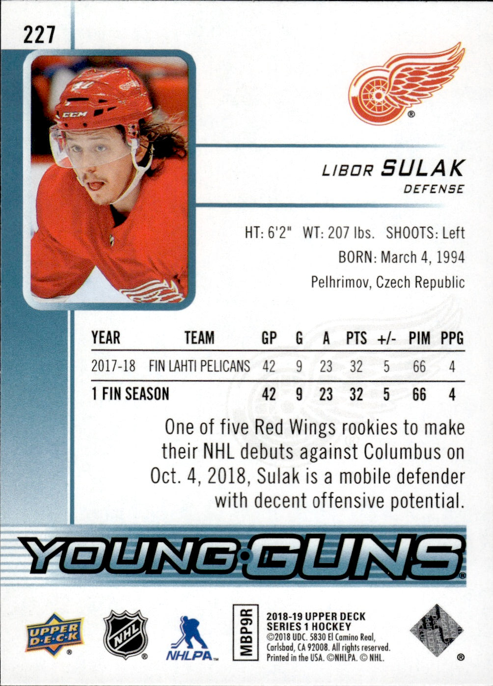 2018-19 Upper Deck Series 1 Hockey - Base - Young Guns #227 Libor Sulak - Detroit Red Wings