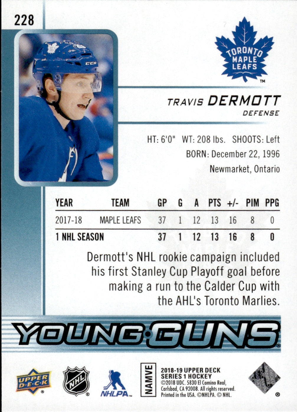 2018-19 Upper Deck Series 1 Hockey - Base - Young Guns #228 Travis Dermott - Toronto Maple Leafs