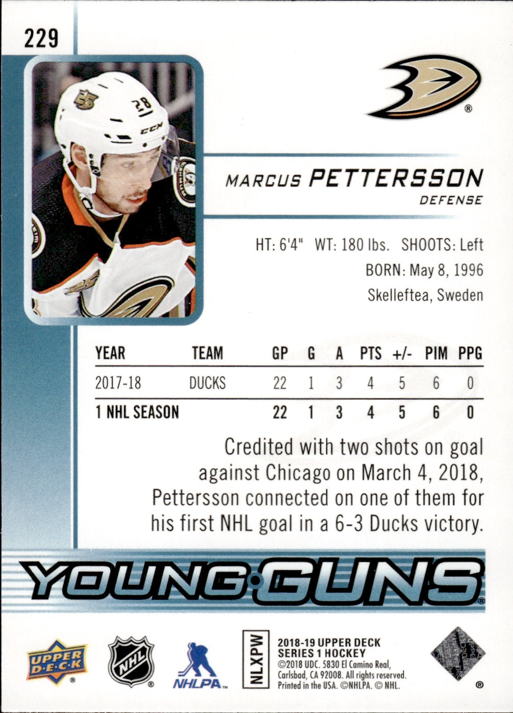 2018-19 Upper Deck Series 1 Hockey - Base - Young Guns #229 Marcus Pettersson - Anaheim Ducks