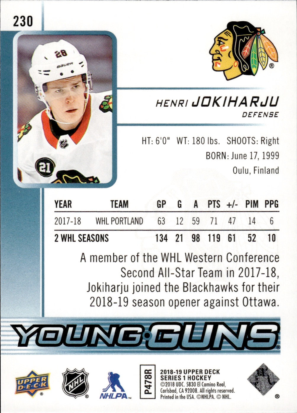 2018-19 Upper Deck Series 1 Hockey - Base - Young Guns #230 Henri Jokiharju - Chicago Blackhawks