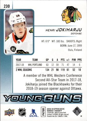 2018-19 Upper Deck Series 1 Hockey - Base - Young Guns #230 Henri Jokiharju - Chicago Blackhawks