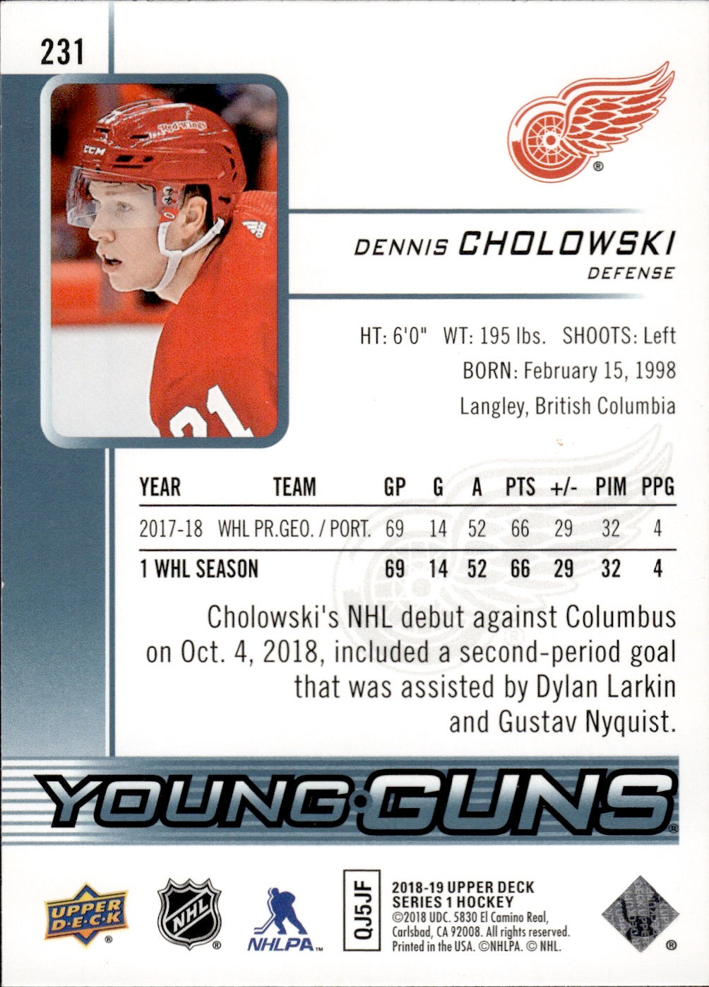 2018-19 Upper Deck Series 1 Hockey - Base - Young Guns #231 Dennis Cholowski - Detroit Red Wings