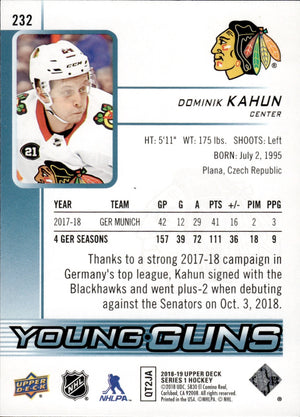 2018-19 Upper Deck Series 1 Hockey - Base - Young Guns #232 Dominik Kahun - Chicago Blackhawks