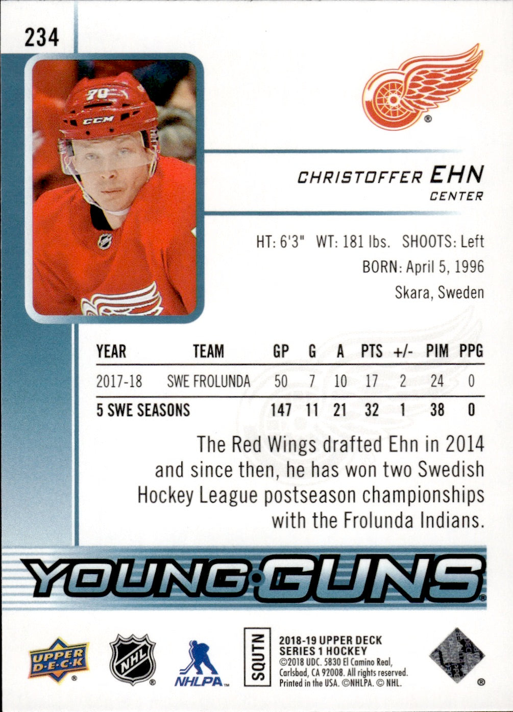 2018-19 Upper Deck Series 1 Hockey - Base - Young Guns #234 Christoffer Ehn - Detroit Red Wings