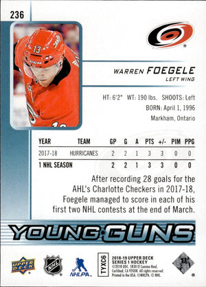 2018-19 Upper Deck Series 1 Hockey - Base - Young Guns #236 Warren Foegele - Carolina Hurricanes