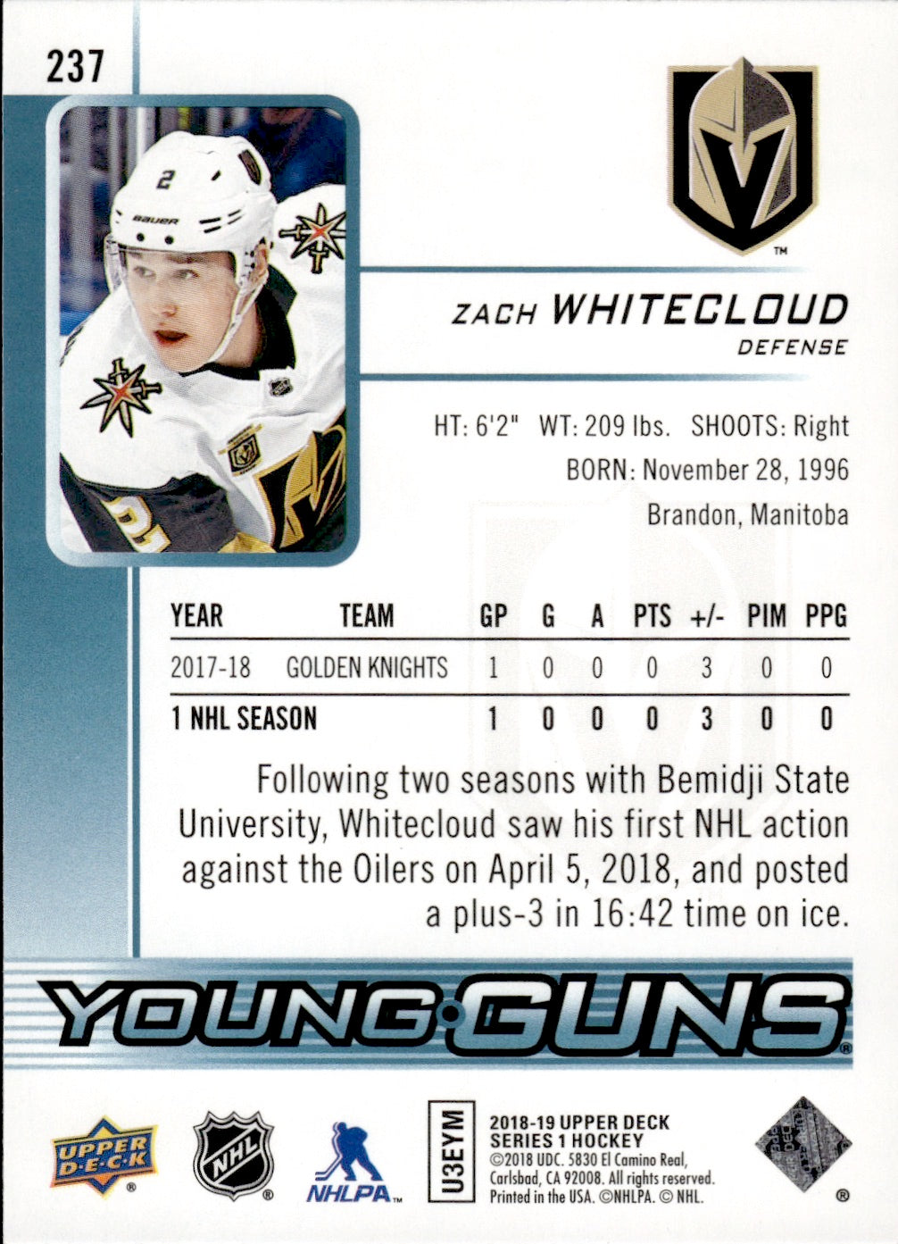 2018-19 Upper Deck Series 1 Hockey - Base - Young Guns #237 Zach Whitecloud - Vegas Golden Knights