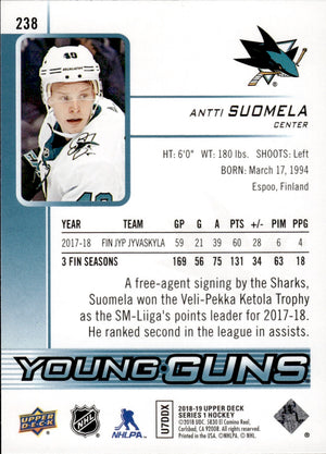 2018-19 Upper Deck Series 1 Hockey - Base - Young Guns #238 Antti Soumela - San Jose Sharks