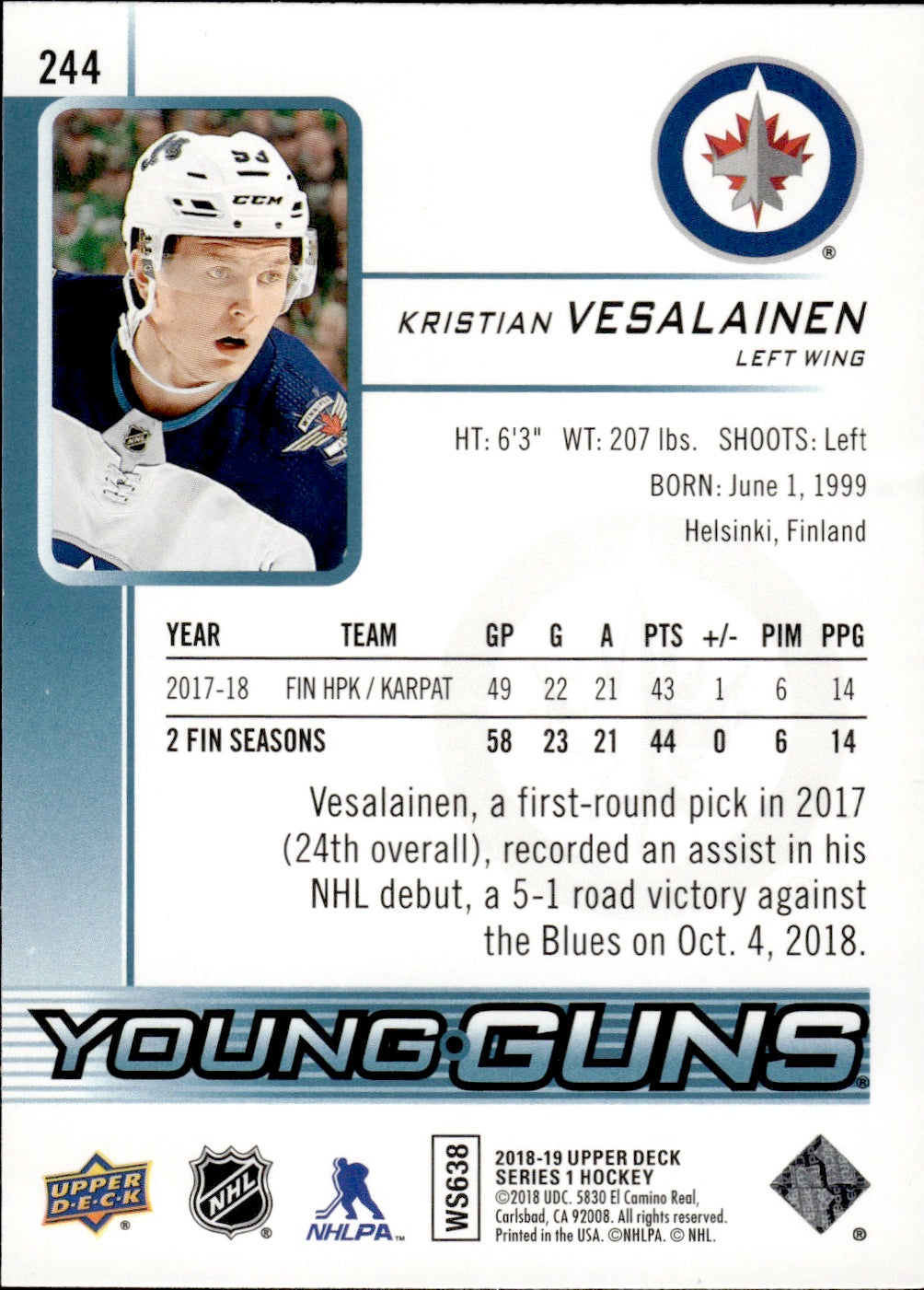 2018-19 Upper Deck Series 1 Hockey - Base - Young Guns #244 Kristian Vesalainen - Winnipeg Jets