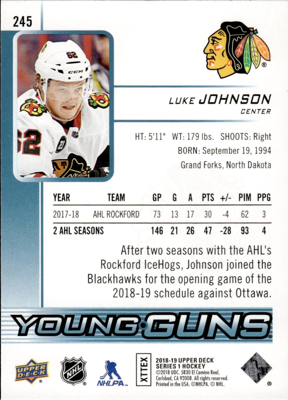 2018-19 Upper Deck Series 1 Hockey - Base - Young Guns #245 Luke Johnson - Chicago Blackhawks