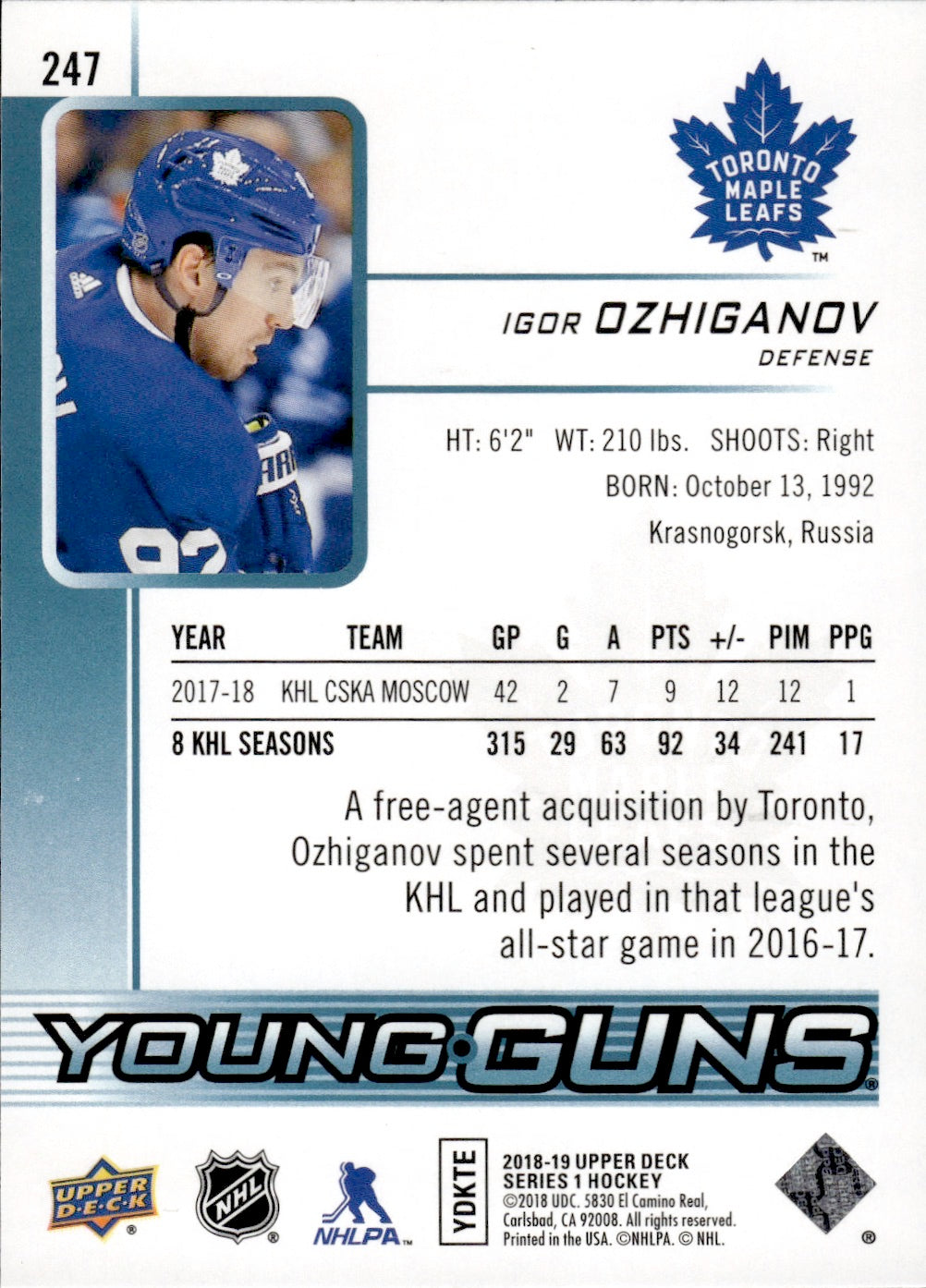 2018-19 Upper Deck Series 1 Hockey - Base - Young Guns #247 Igor Ozhiganov - Toronto Maple Leafs