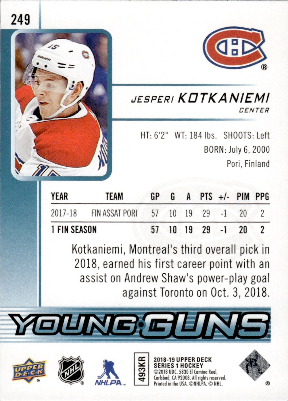 2018-19 Upper Deck Series 1 Hockey - Base - Young Guns #249 Jesperi Kotkaniemi - Montreal Canadiens