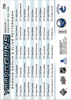 2018-19 Upper Deck Series 1 Hockey - Base - Young Guns #250 Checklist - Rasmus Dahlin & Elias Pettersson - Buffalo Sabres & Vancouver Canucks