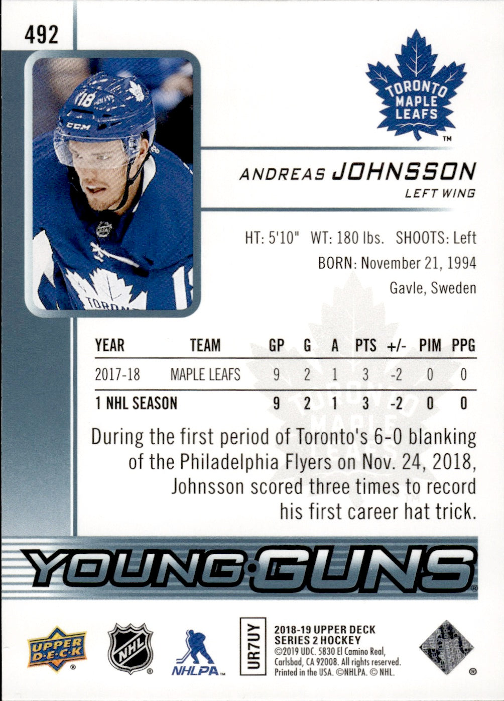 2018-19 Upper Deck Series 2 Hockey - Base - Young Guns #492 Andreas Johnsson - Toronto Maple Leafs