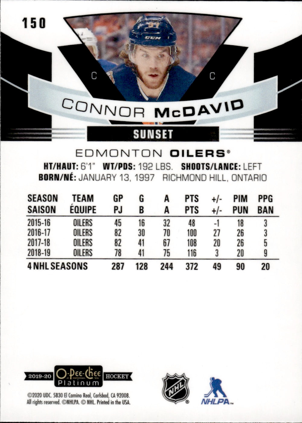 2020-21 Upper Deck O-Pee-Chee Platinum Hockey Base - Sunset #150 Connor McDavid - Edmonton Oilers