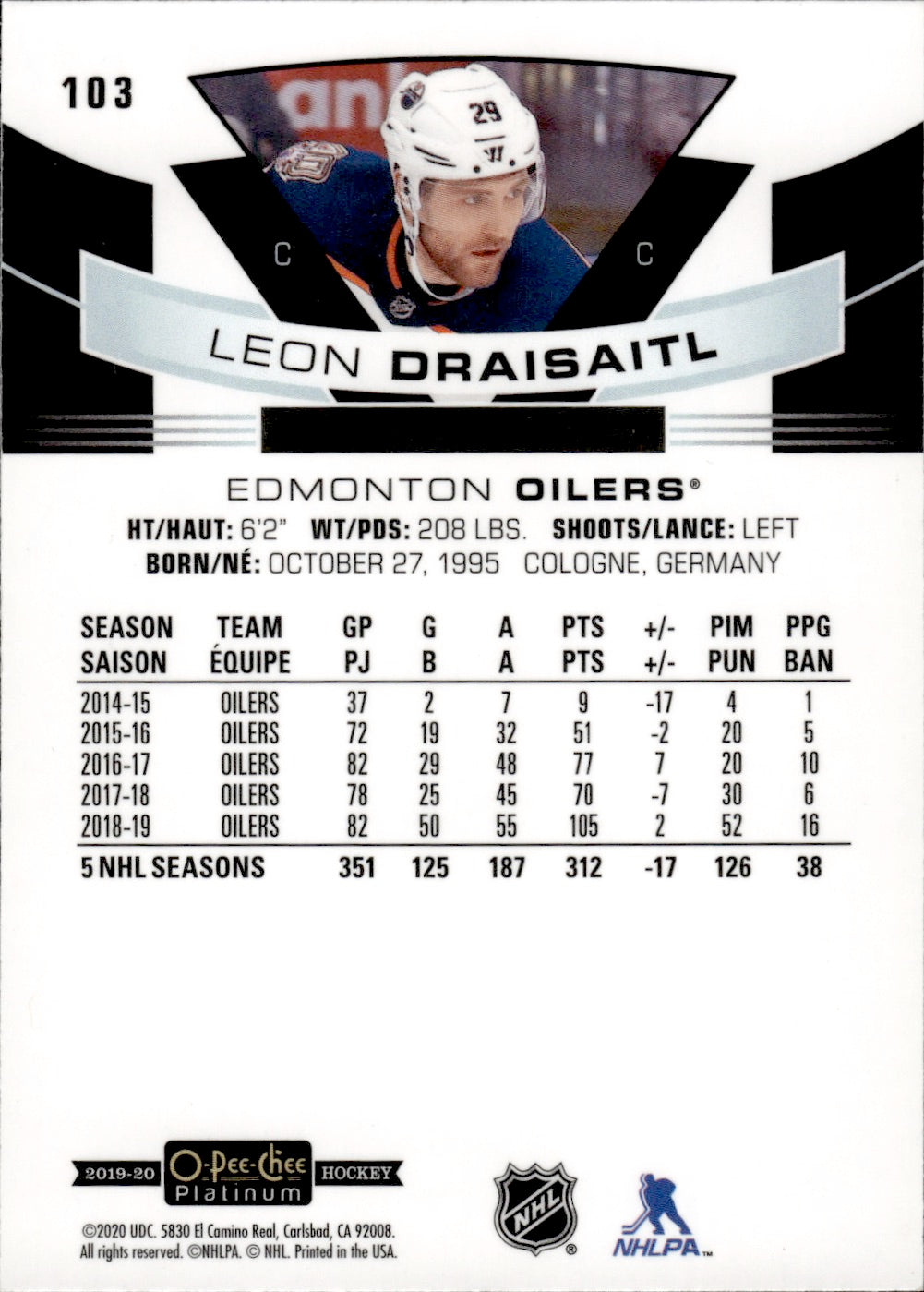 2019-20 Upper Deck O-Pee-Chee Platinum Hockey - Base #103 Leon Draisaitl - Edmonton Oilers