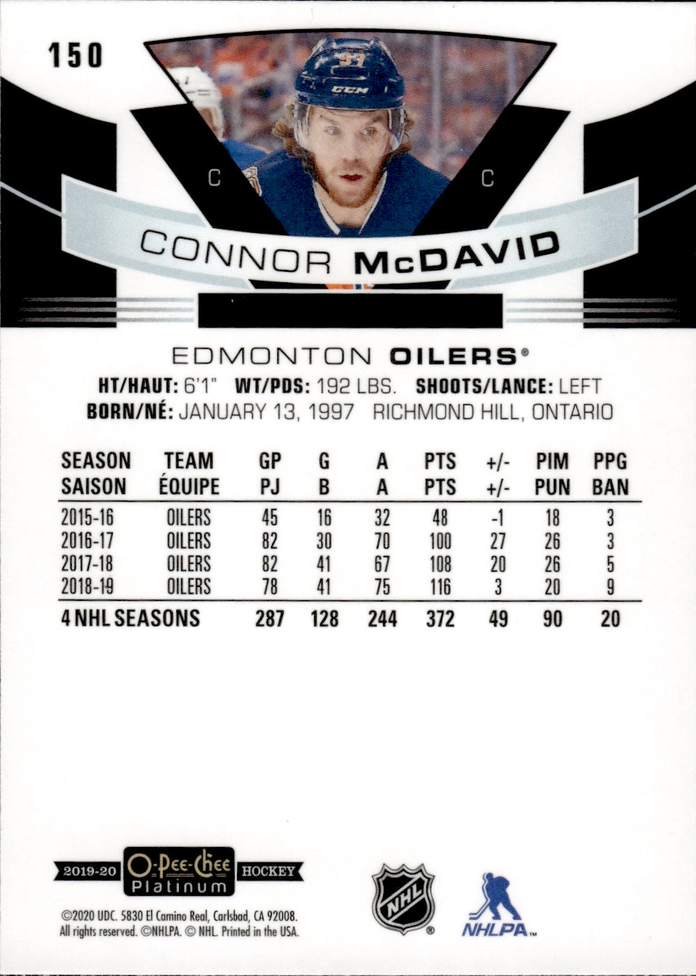 2019-20 Upper Deck O-Pee-Chee Platinum Hockey - Base #150 Connor McDavid - Edmonton Oilers