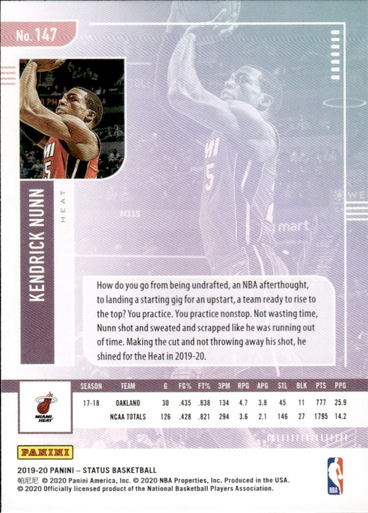 2019-20 Panini Status Basketball Tmall - Base #147 Kendrick Nunn - Miami Heat