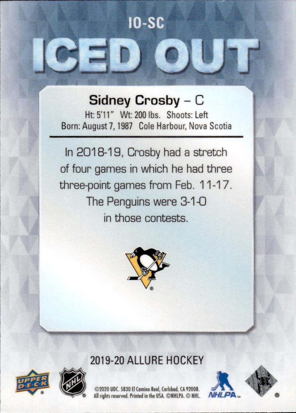 2019-20 Upper Deck Allure Hockey Iced Out #IO-SC Sidney Crosby - Pittsburgh Penguins