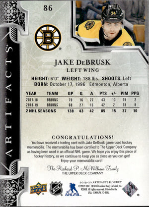 2019-20 Upper Deck Artifacts Hockey Duel Patch Gold /165 #86 Jake DeBrusk - Boston Bruins