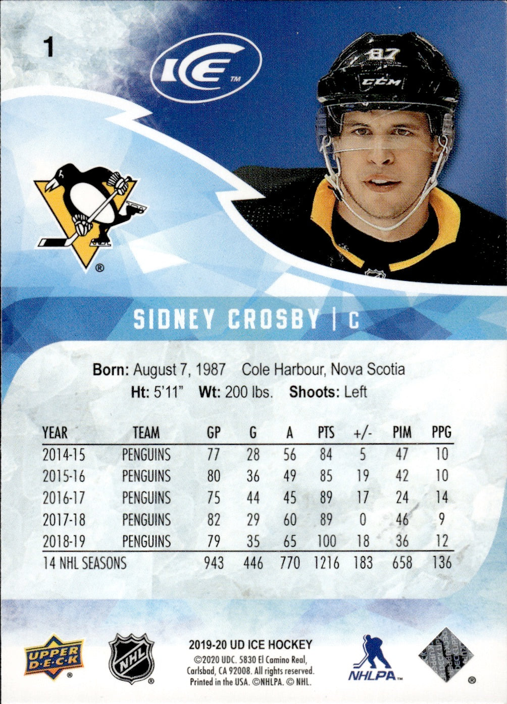 2019-20 Upper Deck Ice Hockey - Base #1 Sidney Crosby - Pittsburgh Penguins