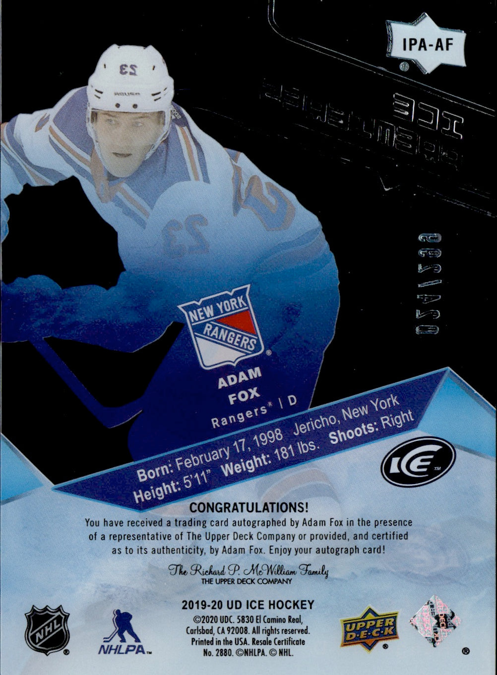 2019-20 Upper Deck Ice Hockey Ice Premiers /299 #IPA-AF Adam Fox - New York Rangers