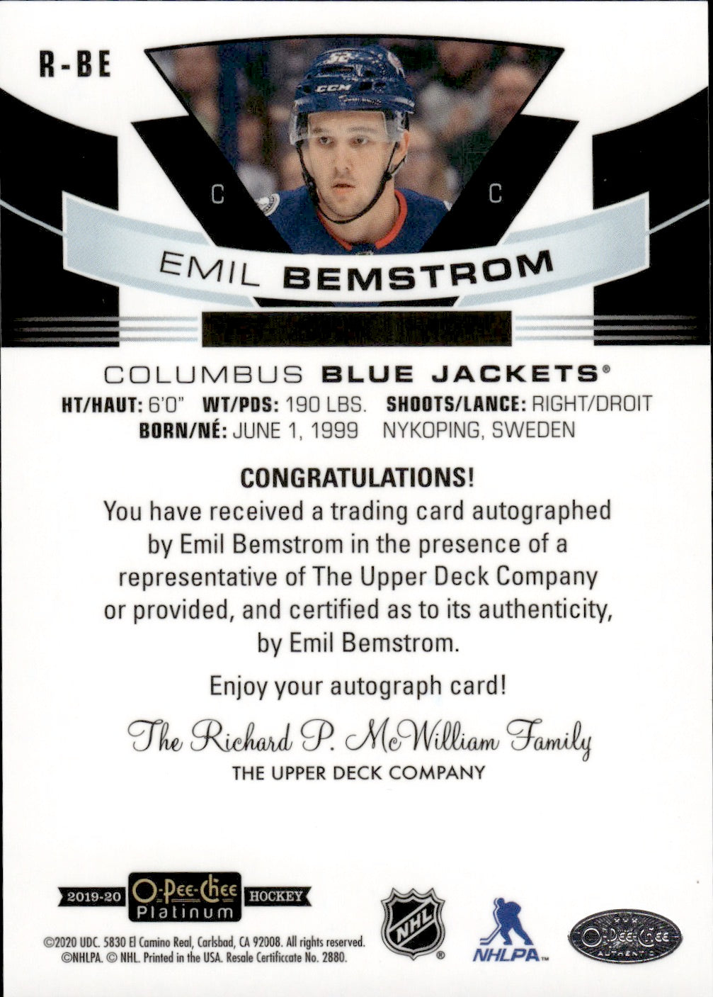 2019-20 Upper Deck O-Pee-Chee Platinum Hockey - Base - Marquee Rookies - Autos #R-BE Emil Bemstrom - Columbus Blue Jackets