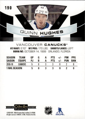 2019-20 Upper Deck O-Pee-Chee Platinum Hockey - Base - Marquee Rookies #190 Quinn Hughes - Vancouver Canucks