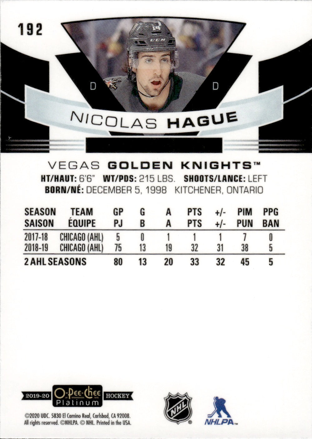 2019-20 Upper Deck O-Pee-Chee Platinum Hockey - Base - Marquee Rookies #192 Nicolas Hague - Vegas Golden Knights