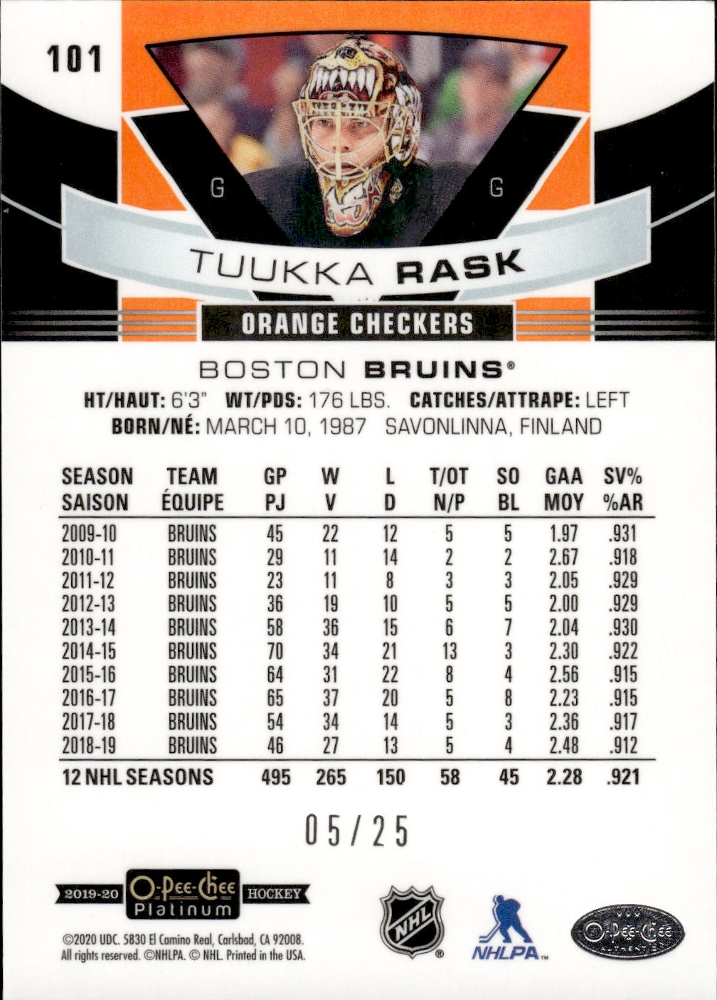 2019-20 Upper Deck O-Pee-Chee Platinum Hockey - Base - Orange Checkers /25 #101 Tuuka Rask - Boston Bruins