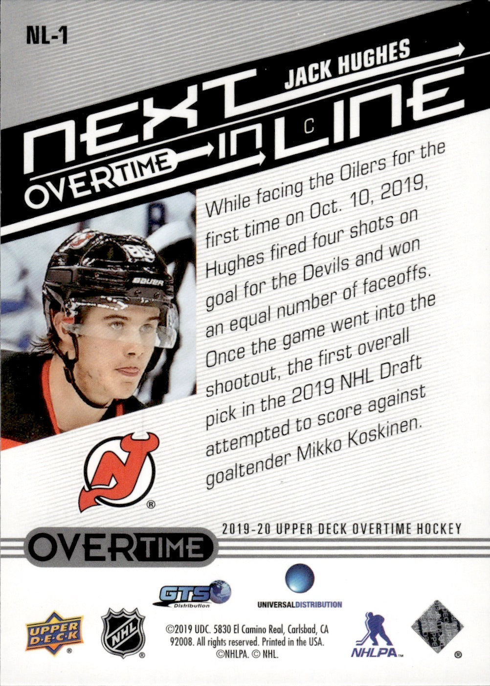 2019-20 Upper Deck Overtime Hockey Next In Line #NL-1 Jack Hughes - New Jersey Devils