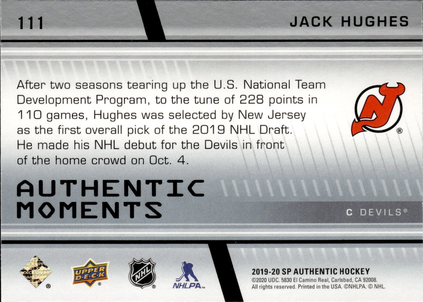 2019-20 Upper Deck SP Authentic Hockey - Authentic Moments #111 Jack Hughes - New Jersey Devils