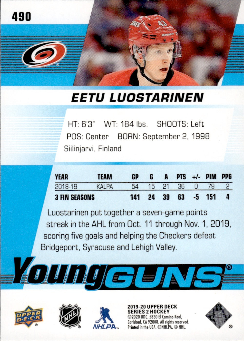 2019-20 Upper Deck Series 2 Hockey - Base - Young Guns #490 Eetu Loistraninen - Carolina Hurricanes