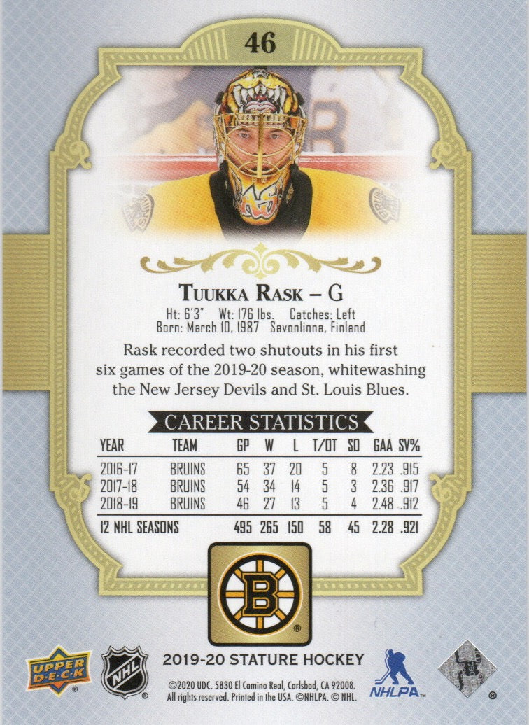 2019-20 upper Deck Stature Hockey - Base - Portrait Variant /85 #46 Tuukka Rask - Boston Bruins