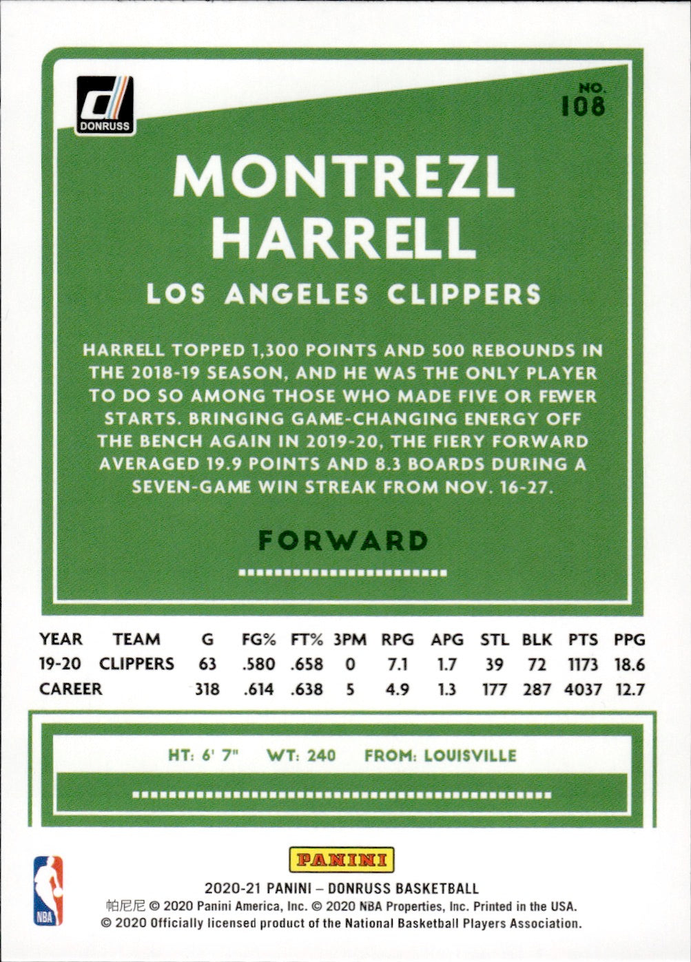 2020-21 Panini Donruss Basketball - Base - Green Flood #108 Montrezl Harrell - Los Angeles Clippers