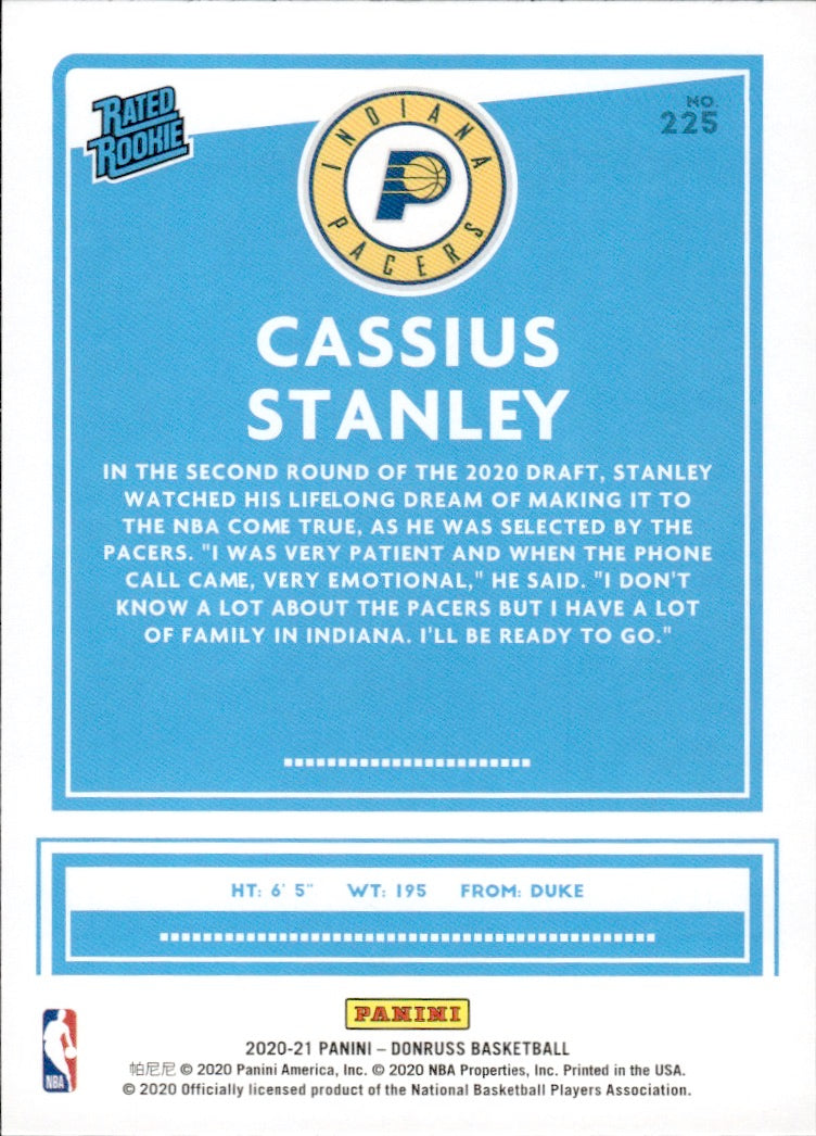 2020-21 Panini Donruss Basketball - Base - Rated Rookie #225 Cassius Stanley - Indiana Pacers