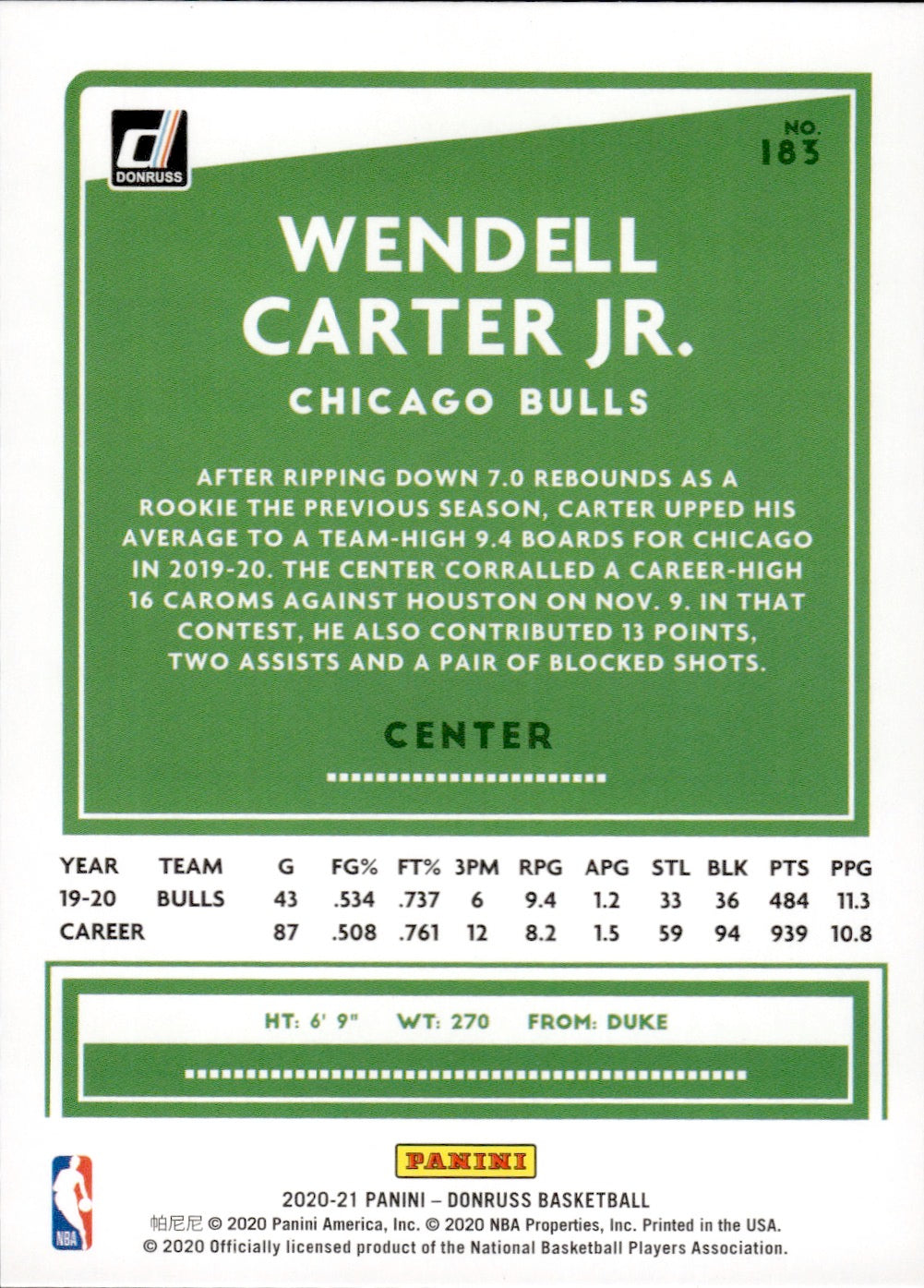 2020-21 Panini Donruss Optic Basketball - Base - Green And Yellow Laser #183 Wendell Carter Jr. - Chicago Bulls