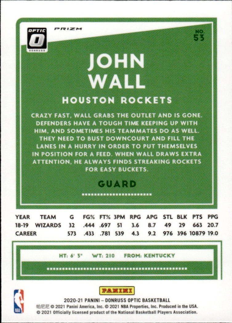 2020-21 Panini Donruss Optic Basketball - Base - Prizm - Holo #53 John Wall - Houston Rockets